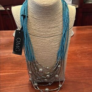 OMG multi-strand necklace faux turquoise seed beads silver boho festival